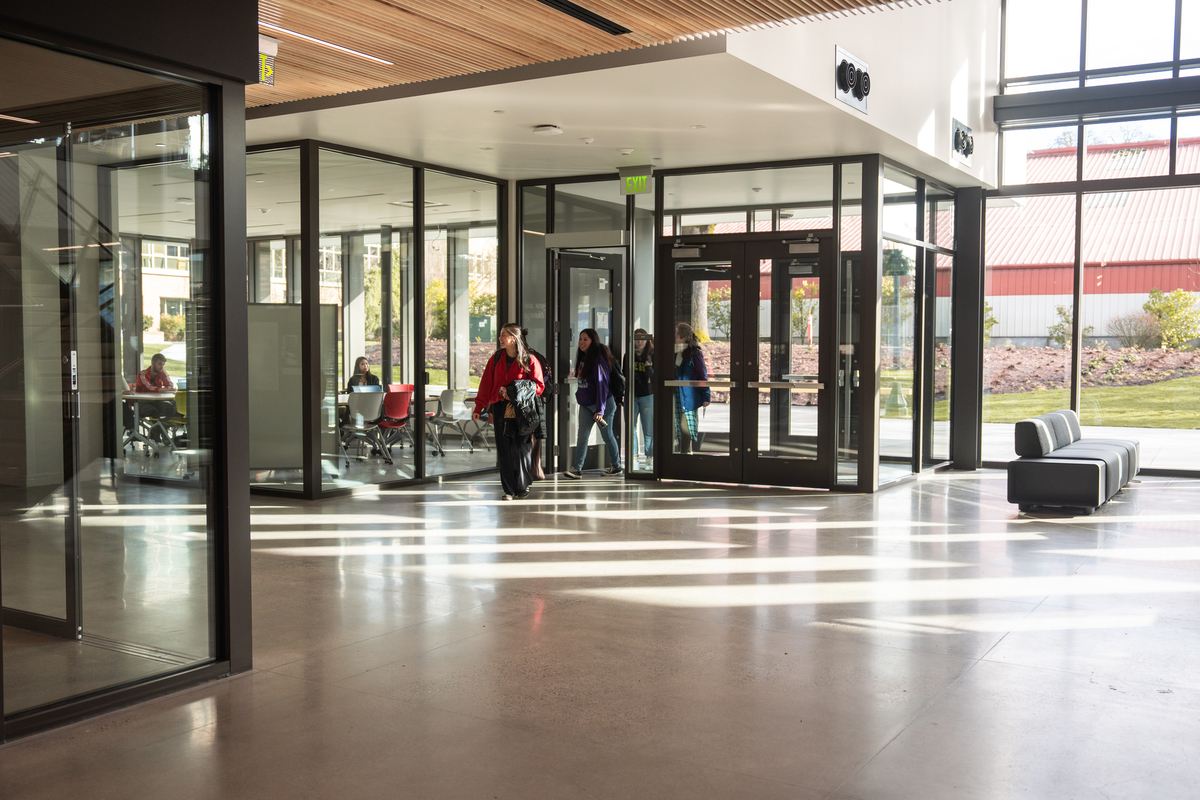 The main lobby of Shiley Marcos looking towards the main entrance doors.