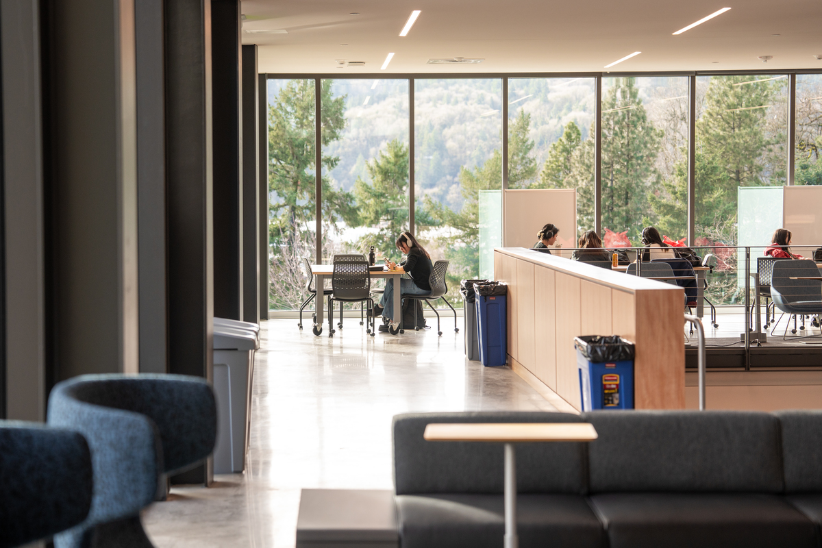 Sunlight streams through the windows onto students studying in the Shiley Marcos lobby