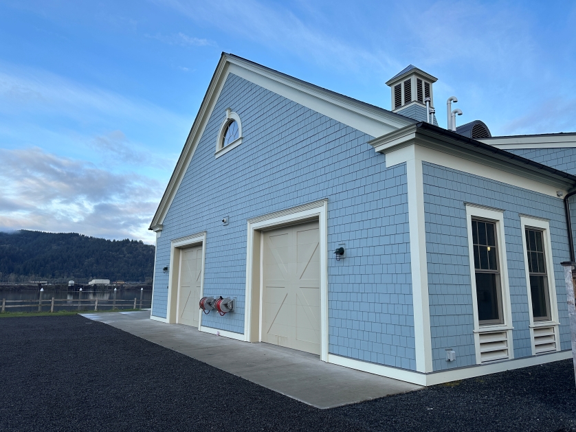 The exterior of the Weigand Environmental lab on the Willamette river.