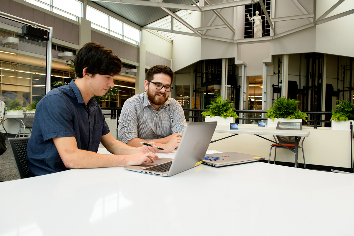 a student and industry mentor work on a laptop together